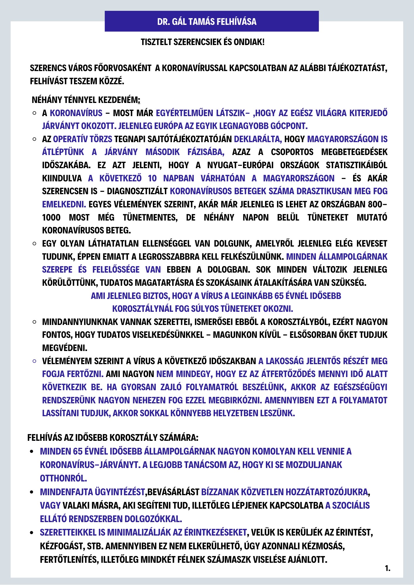 Városi főorvos felhívása 1.old.