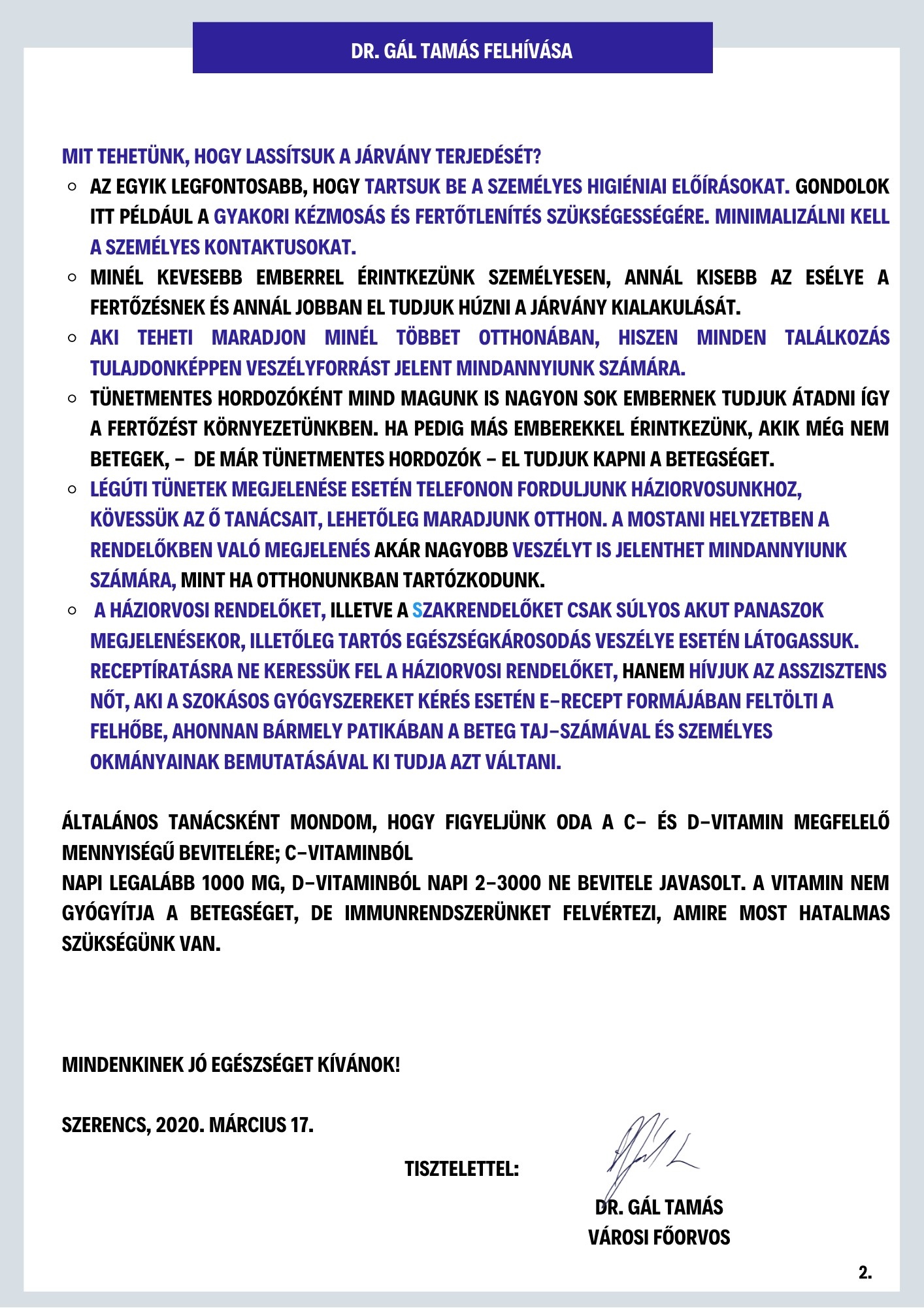 Városi főorvos felhívása 2.old.